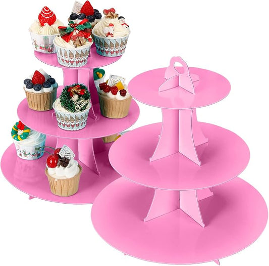 YLDW Cupcake Stand, 3-Tier Cupcake Stand Display, Cardboard Cup Cake Tower Stand, Disposable Dessert Stand for Birthday Tea Party Baby Shower Treat Decorations, Pink