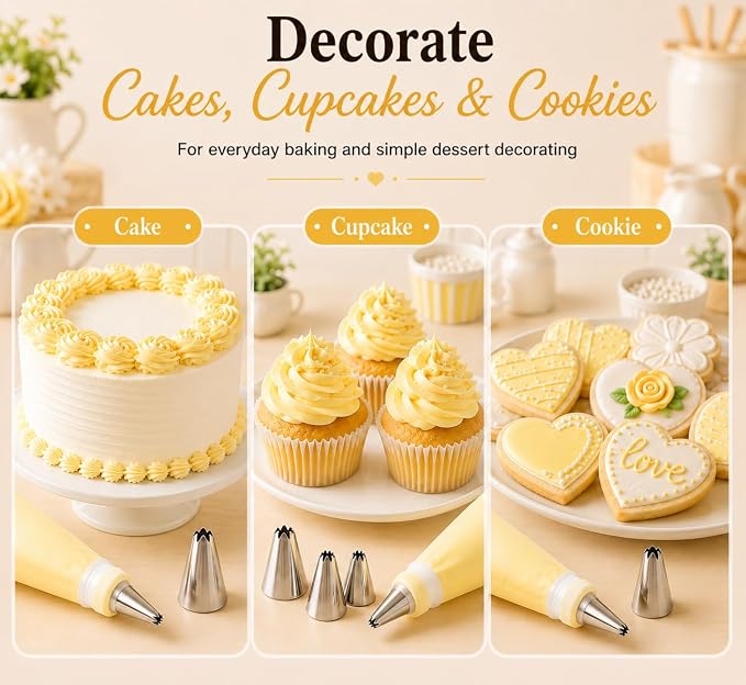 15 PCS Cake Decorating Supplies Set with 2 Reusable Superflex Piping Bags, 6 Stainless Steel Icing Tips, 3 Cake Scrapers, 2 Couplers and Ties for Beginners,Cream Yellow