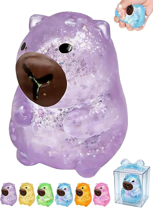 Capybara Squishy Glitter Animal Squeeze Balls Cute Capybara Stress Ball Anxiety Relief Slow Rise Adult Sensory Fidget Tool Gift Sparkling Desk Decor Collectibles Decompression Dough(Purple)