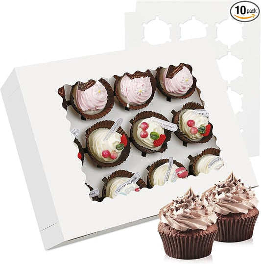 10-Set Cupcake Boxes Bulk with Clear Display Window Hold 12 Standard Cupcakes, Disposable Food Grade White Cupcake Carrier Cupcake Container, Perfect for Cupcakes Muffins Cookies Pastries