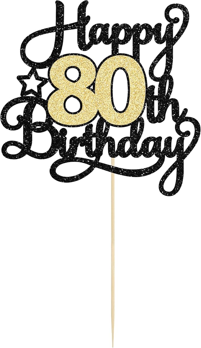 1Pc Happy 80th Birthday Cake Topper Black Gold Glitter Cheers to 80 Years Cake Pick 80th Birthday Cake Decoration for Happy 80th Birthday Anniversary Party Supplies