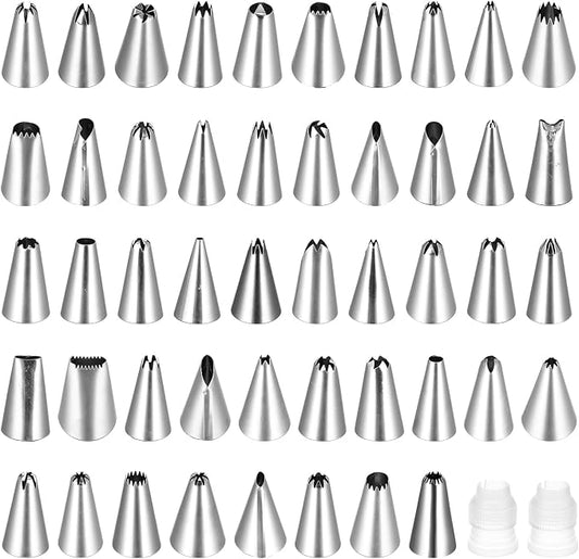 Oruola 50Pcs Cake Tips for Decorating, 48 Different Patterns Stainless Steel Cake Decorating Tips and 2 Reusable Plastic Coupler for Cake & Cupcake Cookies Decorating, Cake Piping Tips Set
