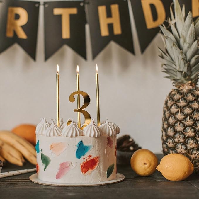 3.7IN Gold Acrylic Number 3 Cake Topper with 12 Gold Long Candles - Perfect for 3rd Birthday Party Supplies, Ideal for Cake Decoration