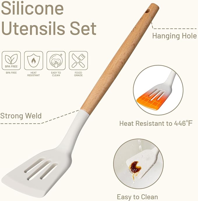 CAROTE 22pcs Silicone Cooking Utensils Set, 446°F Heat Resistant Kitchen Utensils Gadgets Set, Spatula, Turner, Whisk, Tongs