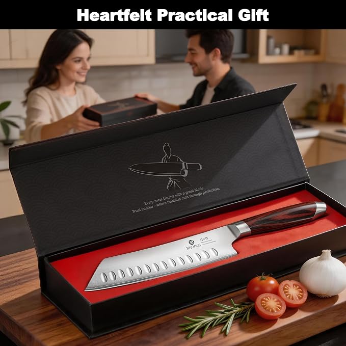 imarku Santoku Chef Knife 7 Inch, Ultra Sharp High Carbon Stainless Steel Japanese Kitchen Knife with Hollow Edge | Ergonomic Pakkawood Handle, Gift Box for Meat/Vegetables/Tomatoes & Daily Cooking