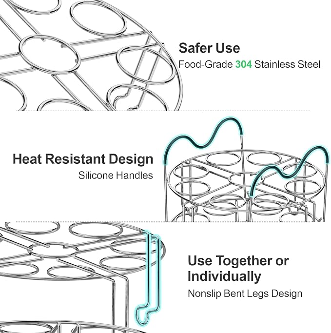 GSlife Instant Pot Egg Rack - Stackable 18 Egg Steamer, for 6/8 Qt Cooker | Stackable 18 Egg Capacity, Silicone Handles, 304 Stainless Steel, Easy Lift for 6/8 Qt Pressure Cooker, Dishwasher Safe
