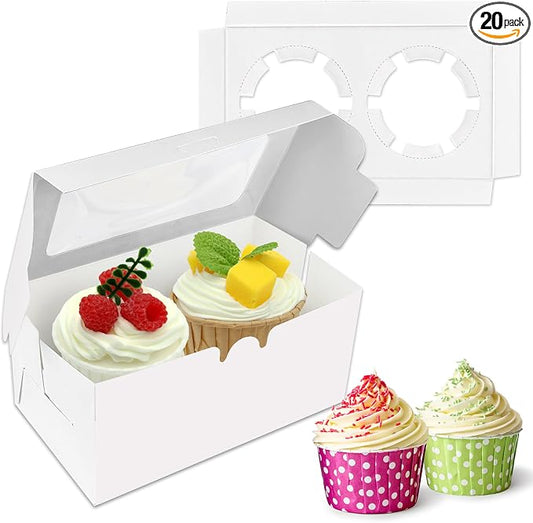 MUMULULU 20 PCS White Paper Cupcake Boxes with 2 Cavity Cookie Gift Boxes with Clear Window 2 Treat Holder Cupcake Containers Bakery Cake Box for Birthday Party Bakery Supplies