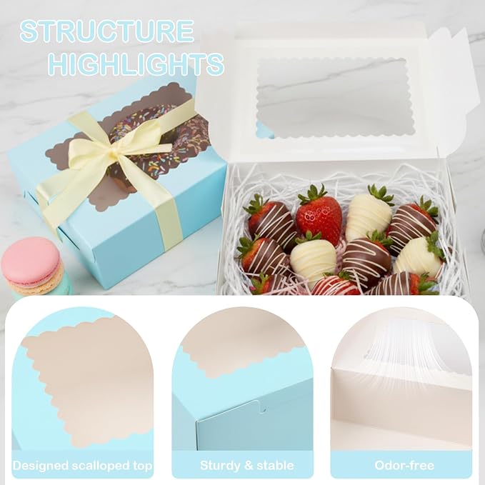 OAMCEG 60 Pack Cookie Boxes with Window, 8x6x2.5 Inch Bakery Treat Boxes for Christmas Holiday Gift Giving, Desserts, Donuts, Pastries-Blue