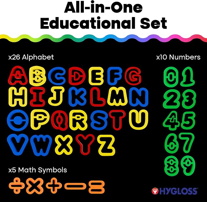 Hygloss 41-Piece Alphabet Cutters Set – ABC Letter and Number Mold Kit with Bright Colors – Educational Clay and Dough Tools & Accessories for Learning – Arts & Crafts for Kids Ages 3-6