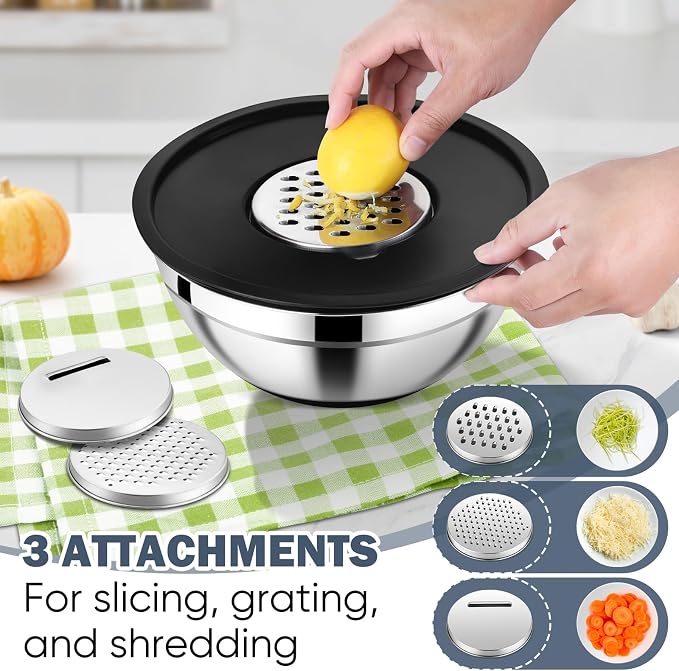 E-far Mixing Bowls with Airtight Lid Set, 25PCS Stainless Steel Nesting Prep Bowls with Grater Attachments Non-Slip Bottoms for Cooking, Baking, Serving, Food Storage, 4.6/2.6/2/1.5/1/0.7QT - Black