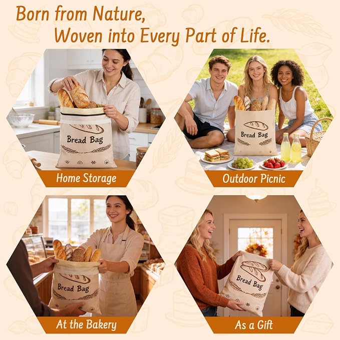 2-Pack Reusable Beeswax Bread Bags for Sourdough & HomemadeBread with Zipper, 16.5 x 13 inch bread bags for Food Storage