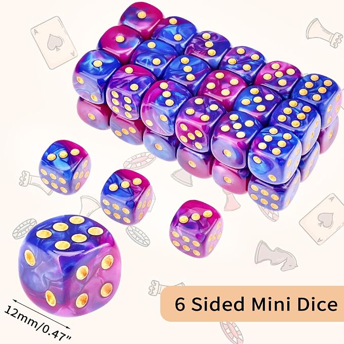 36 of Pack 12MM 6 Sided MINI Dice Set,Two Colours D6 Game Dice Set, 6 Sided Standard Dices for Yahtzee, Bunco,with Portable Plastic Box(Blue Purple)