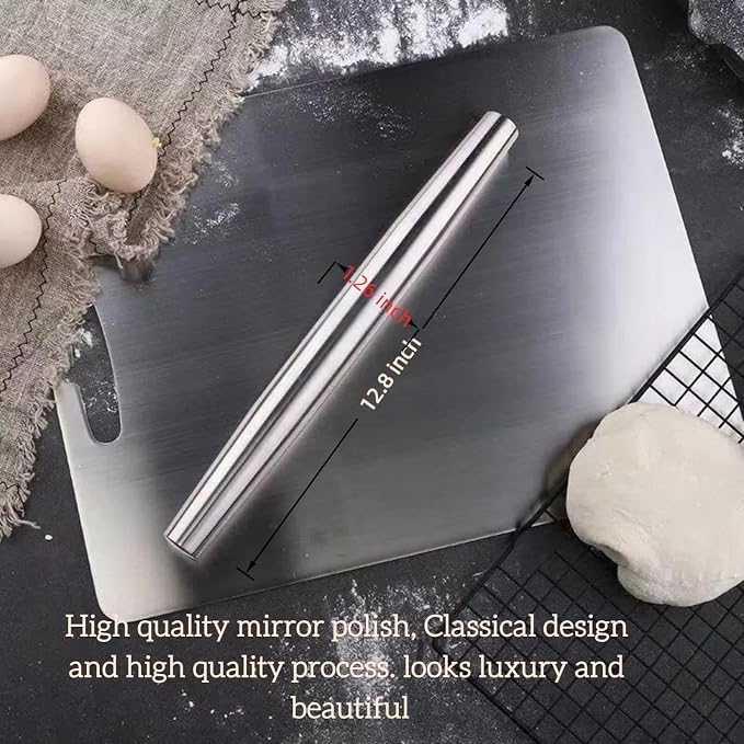 12.8-inch Stainless Steel Rolling Pin for Baking, French Smooth Metal Rolling Pin Kitchen Dough Roller for Fondant, Pizza, Pie, Cookie and Pastry