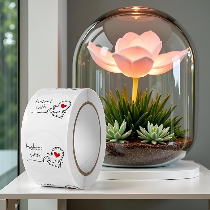 JJLFresheners 500Pcs/Roll White Baked with Love Adhesive Stickers, Round Baking Stickers, Bakery Bags Candle Packaging Sticker Labels