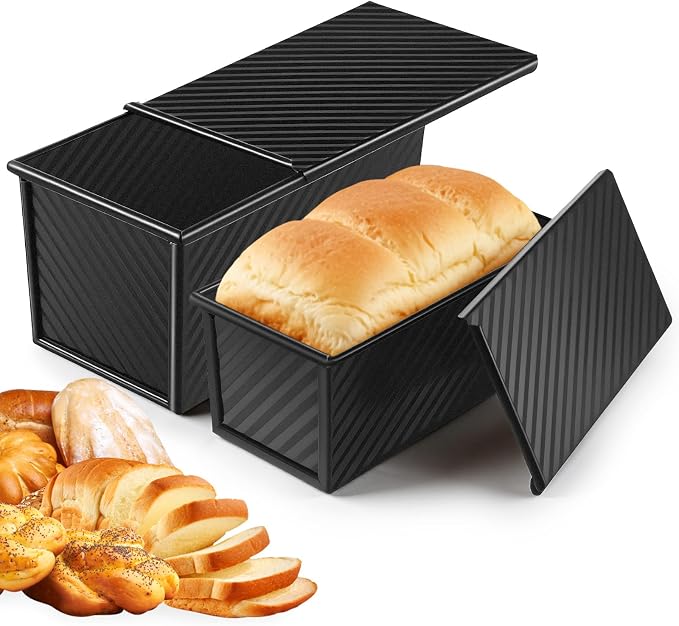 2 Pack Black Pullman Loaf Pan with Lid, Non-Stick Bread Pan for Sourdough, 2.2lb & 1lb Carbon Steel Corrugated Square Toast Tin, Carbon Steel Toast Box with Cover for Homemade Bread Sandwich