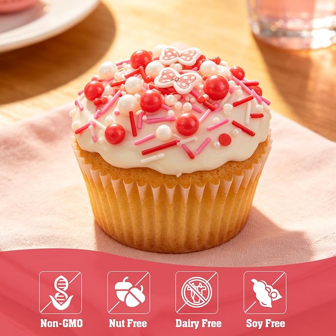 Twisweet Red Bow Sprinkles for Cake Decorating, Polka Dot Style Jimmies Sugar Pearls & Bow Confetti, Edible Baking Candy for Cupcake Cookie Ice Cream Cake Toppers, Girls Birthday Cartoon Party Decorations (130g/4.58oz)