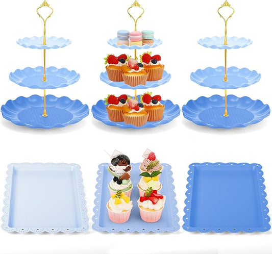 FoldTier 6 Pack Cupcake Stand Set 3 Pcs 3 Tier Gradient Dessert Table Display Stands Cookie Tray Rack 3 X14 in Rectangle Party Trays for Wedding Birthday Tea Party Baby Shower(Blue,Round)