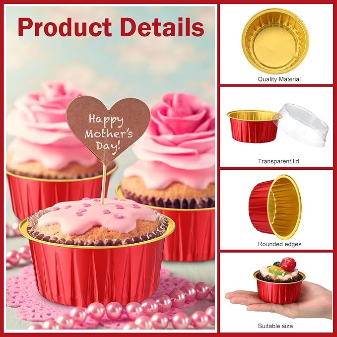 200 Pack Aluminum Foil Cupcake Liners with Lids, 5 oz Round Baking Cup, Disposable Ramekin Container for Graduation Wedding Independence Day Party(Red and Gold,Plain)