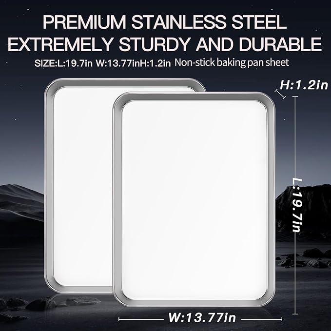 Stainless Steel Baking Sheet Set of 2, 20 x 14 x 1 Inch Large Cookie Sheet Pans, Heavy Duty Commercial Sheet Pan for Baking, No Coating, Healthy & Non Toxic, Rust Resistant, Dishwasher Safe