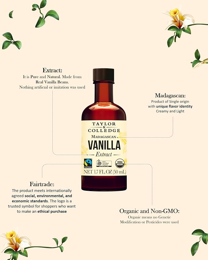 Taylor & Colledge Organic Madagascan Vanilla Extract, Fairtrade, ACO Certified Organic, Pure Vanilla Flavoring for Baking & Cooking, 1.7 fl oz (50ml)