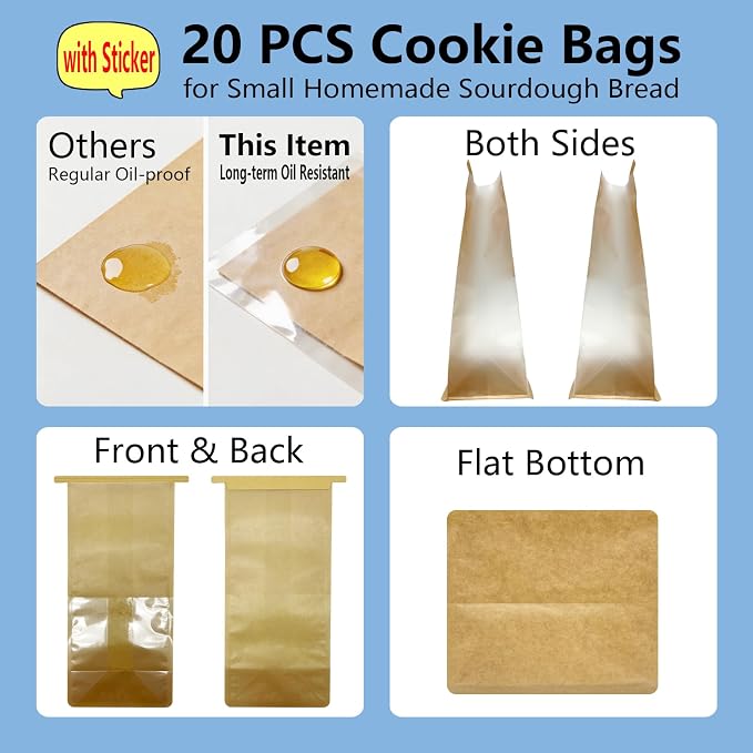 Cookie Bakery Bags with Window Small Bread Baked Goods Packaging Tin Tie Tab Closure & Cute Sticker for Candies, Treats, Snack - Brown Kraft Paper 20 Pcs 11x5.1x3.9 Inch