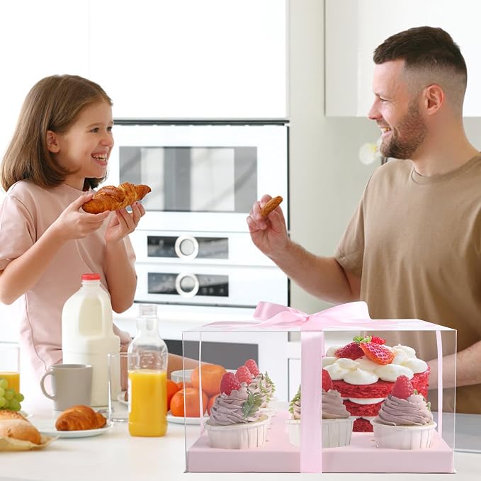JCD 3 Packs Pink 1+5 Cupcake Containers with Gift Ribbon Cake and Cupcake Combo Bento Boxes with Clear Lid and 5 Cupcake Holes Pastry Sweets Bento Box(Pink 1+5/3Pcs)