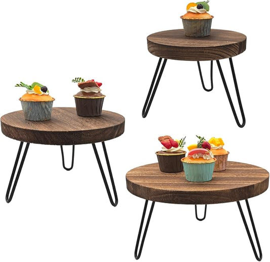 Wooden Cake Stand Set of 3 - 8 10 12 Inch Cake Pedestal with Metal Legs, Wood Dessert Table Display Stand Tiered Cupcake Holder Serving Platter for Wedding Baby Shower Birthday Party Table Decoration