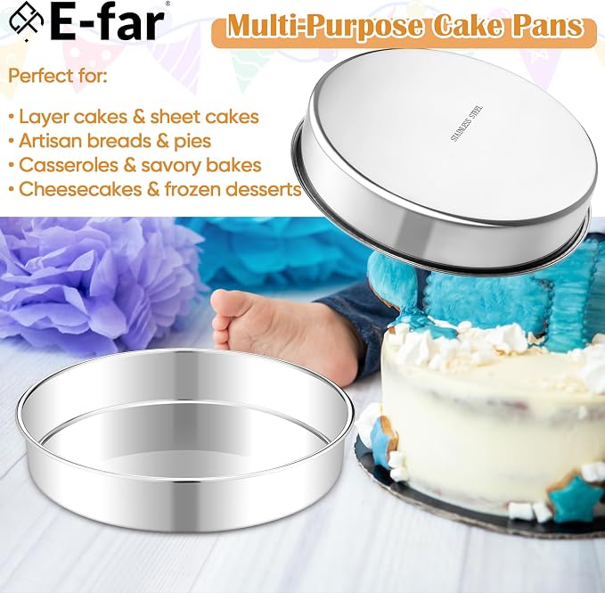 E-far 11 Inch Cake Pan Set of 2, Stainless Steel Large Round Baking Pans Tins, Non-Toxic & Leak-Proof Mold for Birthday Wedding Layer Tiered Cake, Easy Clean & Dishwasher Safe