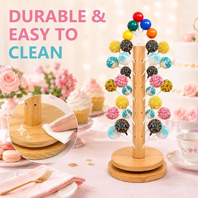 2Pack Wooden Cake Pop Stand Kit with 360° Spinning Base, 49Hole Lollipop Holder with Cake Ball Scoop, 100 Paper Sticks, 100 Clear Treat Bags and 100 Twist Ties, Easy Twist Assembly for Parties