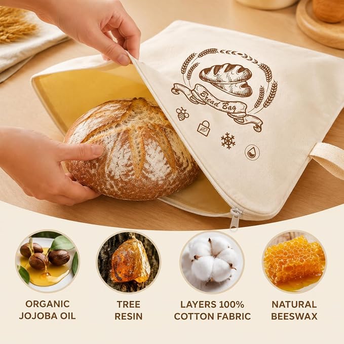 2 Pack Beeswax Bread Bags for Sourdough Homemade Bread, XL Cotton Lining Sourdough Reusable Organic Linen Beeswax Bread Bag with Zip to Keep Fresh and Upgraded Large Capacity Portable-17 x 13 Inches