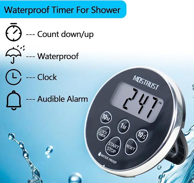 Digital Waterproof Shower Timer Clock, Bathroom Countdown Kitchen Cooking Timer with Alarm, Magnetic Back, Stand Silver Black