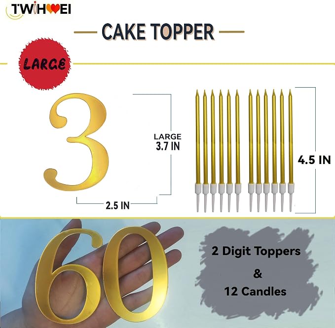 3.7IN Gold Acrylic Number 3 Cake Topper with 12 Gold Long Candles - Perfect for 3rd Birthday Party Supplies, Ideal for Cake Decoration