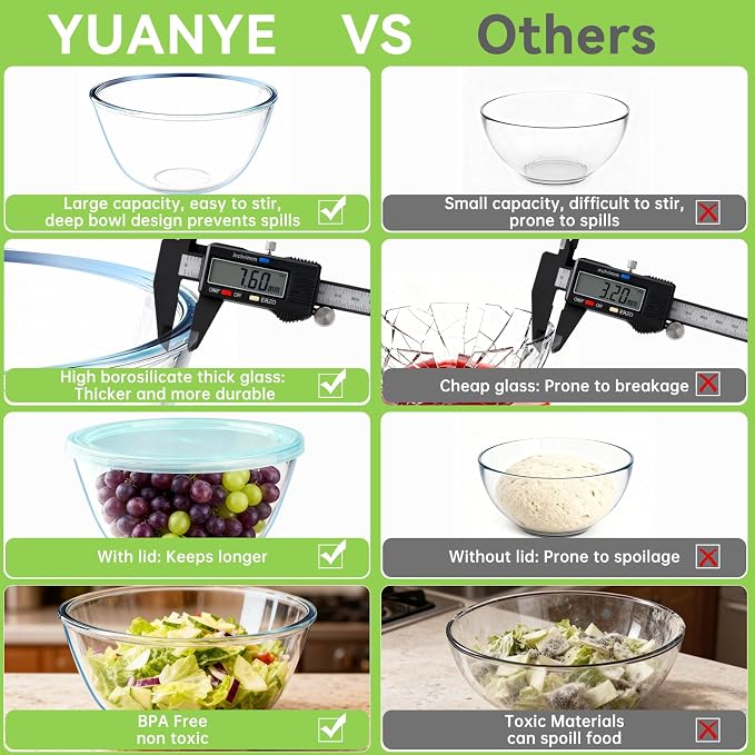 YUANYE 4 Pack Glass Mixing Bowls with Lids Set (3QT/1.7/0.9/0.6QT),Thick Glass Large Salad Bowl Set, Nesting Kitchen Bowls for Serving, Prepping, Cooking and Baking, Dishwasher, Oven,Microwave Safe