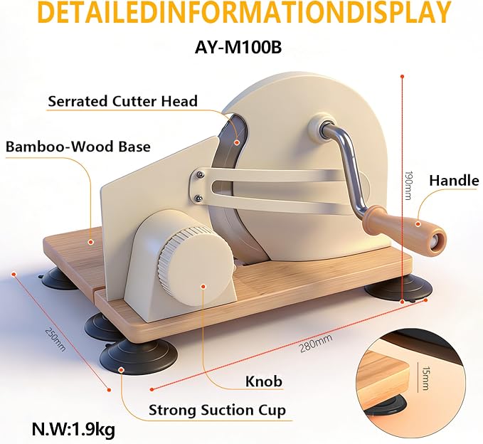 Bread Slicer Machine, Adjustable Thickness Stainless Steel Blade Bread Cutter with 6 Large Suction Cups, Foldable Compact Design Non-Slip Base for Homemade Bread Slicing (Off-white, Wood Base)