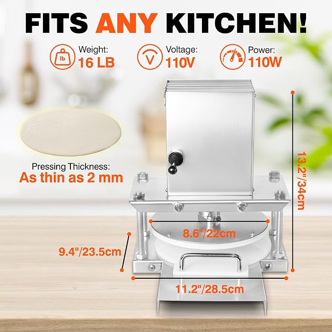 8.6" Electric Pizza Dough Press, Pizza Dough Press Machine for Commercial & Home, Stainless Steel Sheeter Roller, Automatic Dough Processor for Bakery Shop, Cafe, Household Baking