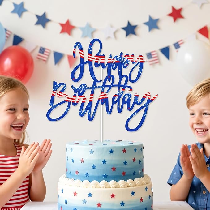 Patriotic Happy Birthday Cake Toppers, American Flag Cake Decorations for Boys Girls Men Women Independence Day Birthday Party Supplies