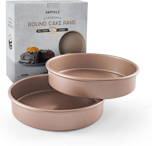 HAPPIELS 9in Raund Cake Pan 2-Pack Nonstick, PFOA & BPA Free | Quality Non Stick 9 inches Layer Circle Cake Pan 2 inches Deep | Best 9in Baking Pan Nontoxic | 9inch 9inches Cake Pans Set