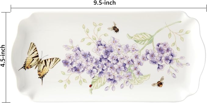 Lenox Serving Tray, Butterfly Meadow Everyday Rectangular Serving Tray, Porcelain, Butterfly Flower Design, Dishwasher Safe. Microwave Safe, 9.5x4.5x0.75-inch, Snacks Fruit, Serveware, White 9.5x4.5'