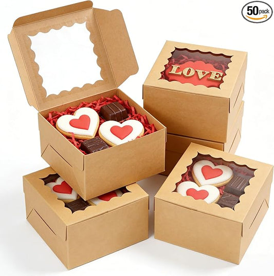 XINHPKGG 50pcs Cookie Boxes 4x4x2.5 Inch Bakery Boxes with Window Treat Box Dessert Box for Wedding Favors Party - Brown
