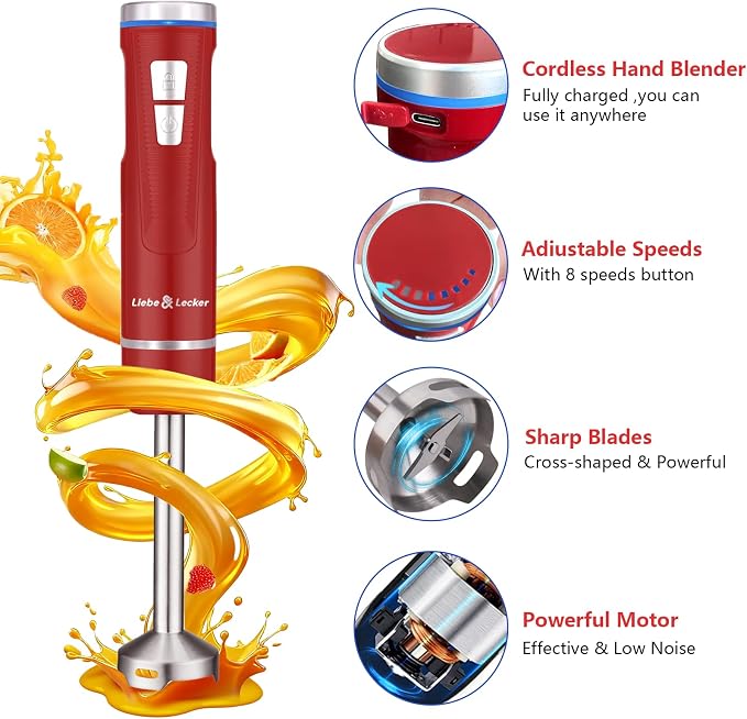 Liebe&Lecker Cordless Immersion Blender, 3-in-1 Handheld Stick Blender | Rechargeable Electric Mixer Set with Whisk & Milk Frother, 8-Speed Hand Blender for Shakes, Soups, Coffee, Zero BPA (Red)