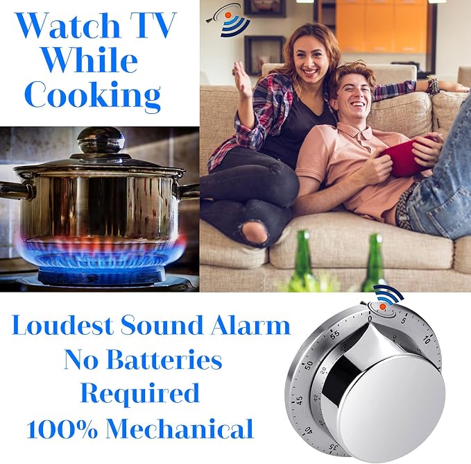 Albayrak Kitchen Timer, Chef Cooking Timer Clock with Loud Alarm, No Batteries Required, 100% Mechanical - Magnetic Backing, Exquisite Stainless Steel Body - Countdown Reminder - Silver 1Pack