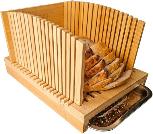 Bamboo Bread Slicer Guide - 7.5" Width Adjustable Sourdough Cutting Board | Premium Bamboo Board with 3 Slicing Thickness | Adjustable Width Slots | Custom Brush & Steel Tray | Knife not included