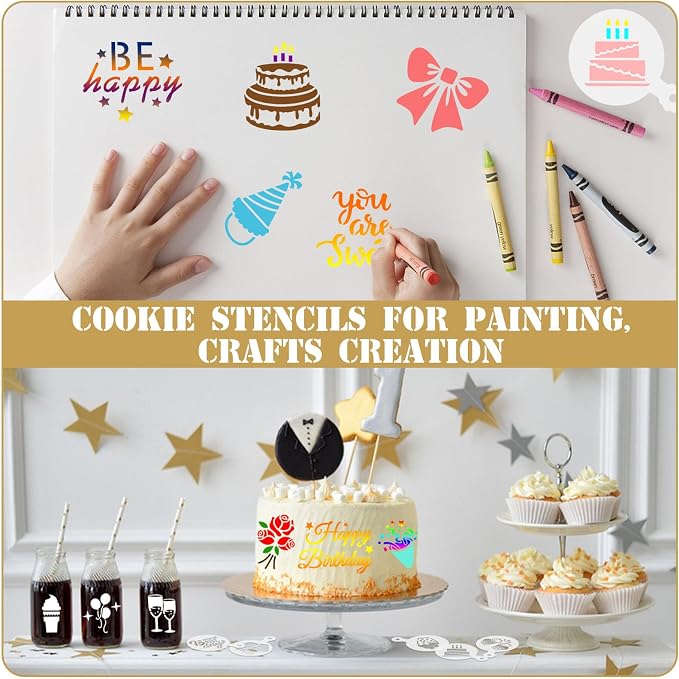 JULBEAR Birthday Cookie Stencils 36 Pcs Reusable Templates for Cake Baking | Reusable Mold, Birthday Party Dessert Coffee Decoration, Cookies Painting DIY, 36 Pieces Templates Tools