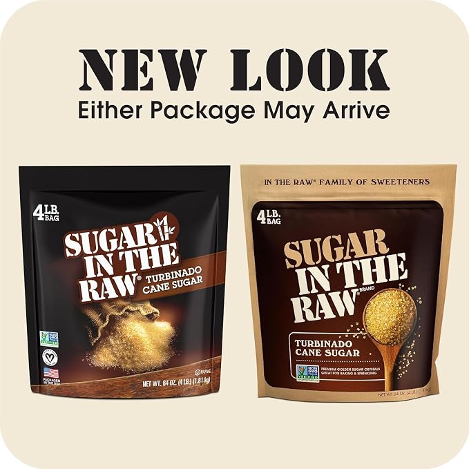 Sugar In The Raw Granulated Turbinado Cane Sugar, 4 lb Bag, 4 Pack, Pure, All-Natural Turbinado Sugar, Non-GMO Project Verified, Kosher, Vegan and Gluten Free