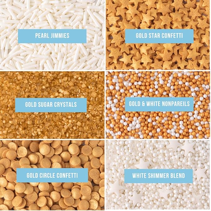 Sweets Indeed Sprinkles 6 Cell Edible Sprinkle Mix Jimmies Perfect for Cake Decorations Baking Ice Cream Cookies Cupcake Topper (Gold)