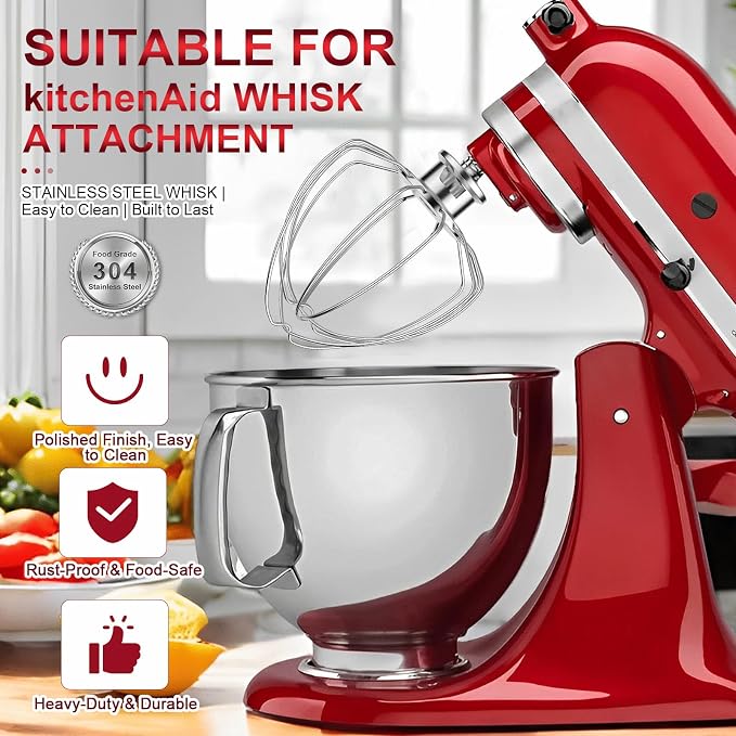 6-Wire Whip Attachment Fits KitchenAid Tilt-Head Stand Mixer Replace K45WW, Stainless Steel, Egg Heavy Cream Beater, Cakes Mayonnaise Whisk