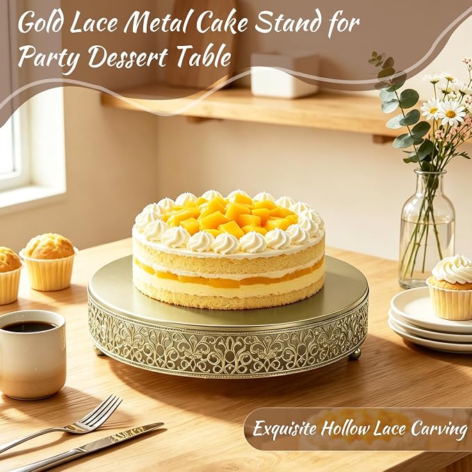 12 Inch Luxury Light Gold Cake Stand, Round Metal Dessert Display with Ornate Filigree Lace, Dual-Coated Premium Finish for Wedding, Anniversary & Elegant Home Decor