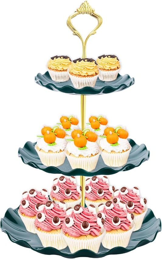 BACUTHY 3 Tier Cupcake Stand Holder, Plastic Cup Cake Stand Tower with Tiered Serving Tray for Cupcakes, Donuts, Fruits and More (Green)