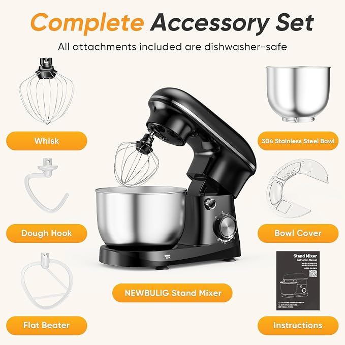 NEWBULIG Stand Mixer, Kitchen Aid Mixers Alternative, 300W 4.2Qt 10-Speed Electric Standing Mixer with Dough Hook, Whisk, Beater & Multi-Cover for Baking, Cakes and Home Cooking Needs