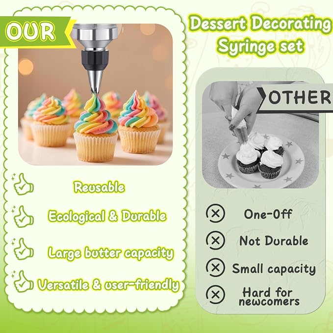 NOVANO Dessert Decorating Syringe Set, Black | Frosting Piping Kit, Stainless Steel, 54 Piping Tips, 9 Silicone Cupcakes